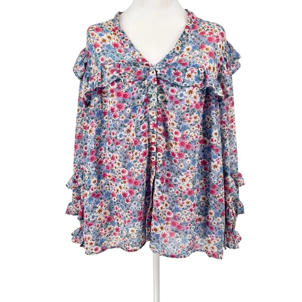🌸✨ Entro Floral Ruffle Blouse Size L Romantic Prairie Cottagecore Feminine
